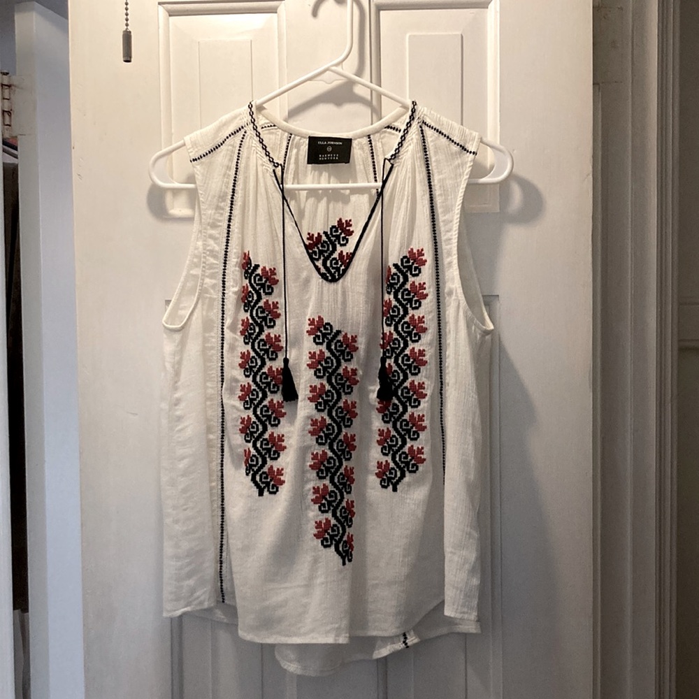 Ulla Johnson for Barneys NY embroidered crinkle cotton tank with tassels